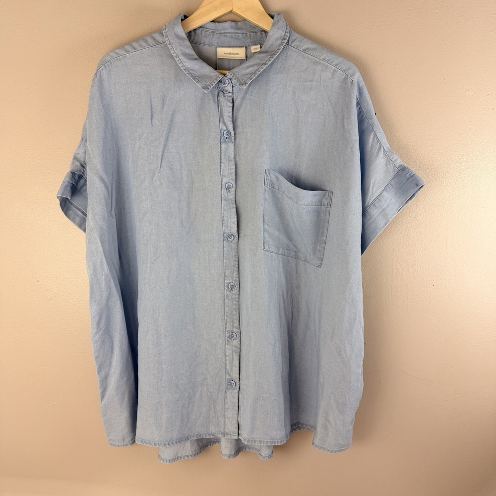 Ecothreads Ladies' Short Sleeve Button Up Top XXL Soft Beach Cottagecore Light